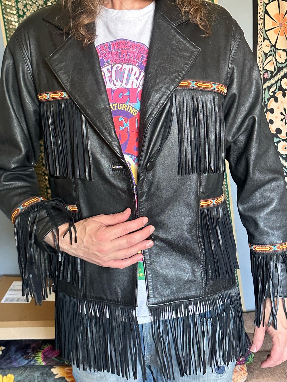 Pristine Vintage Black Fringe Leather Jacket with Trim